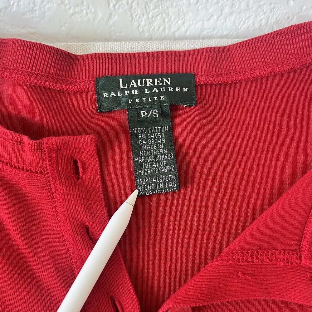 Lauren Ralph Lauren Petite Red Cotton Henley Midi Dress P/S Long Sleeve Logo - Picture 3 of 10